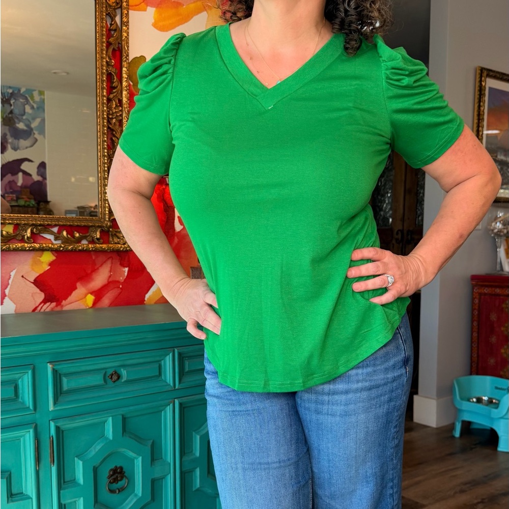 Vibrant Green V-Neck Short Sleeve Top